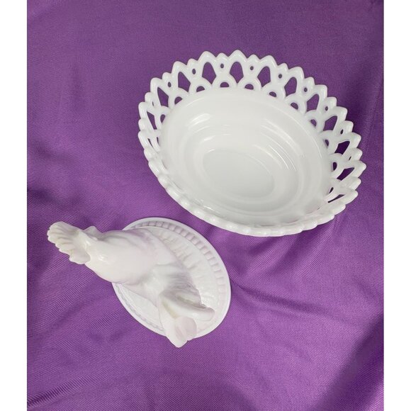Vintage Imperial Milk Glass Rooster on Nest Dish Open Lattice Edge Bowl Farm - Picture 9 of 13